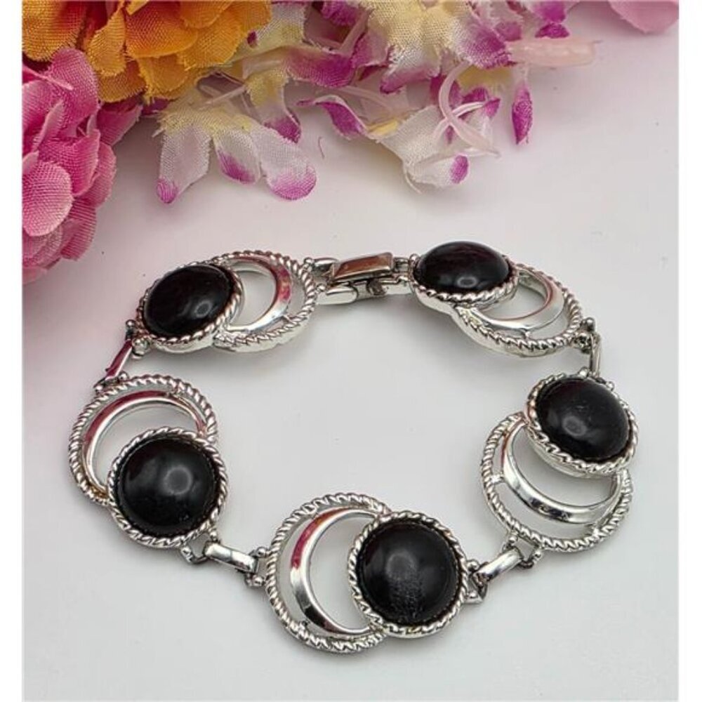 Vintage Sarah Coventry Silver-Tone Black Cabochon Circle Link Bracelet 7" Signed